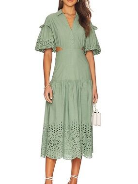 Karina Grimaldi Graciela Dress Cucumber Green Eyelet Midi XS $372 Retail